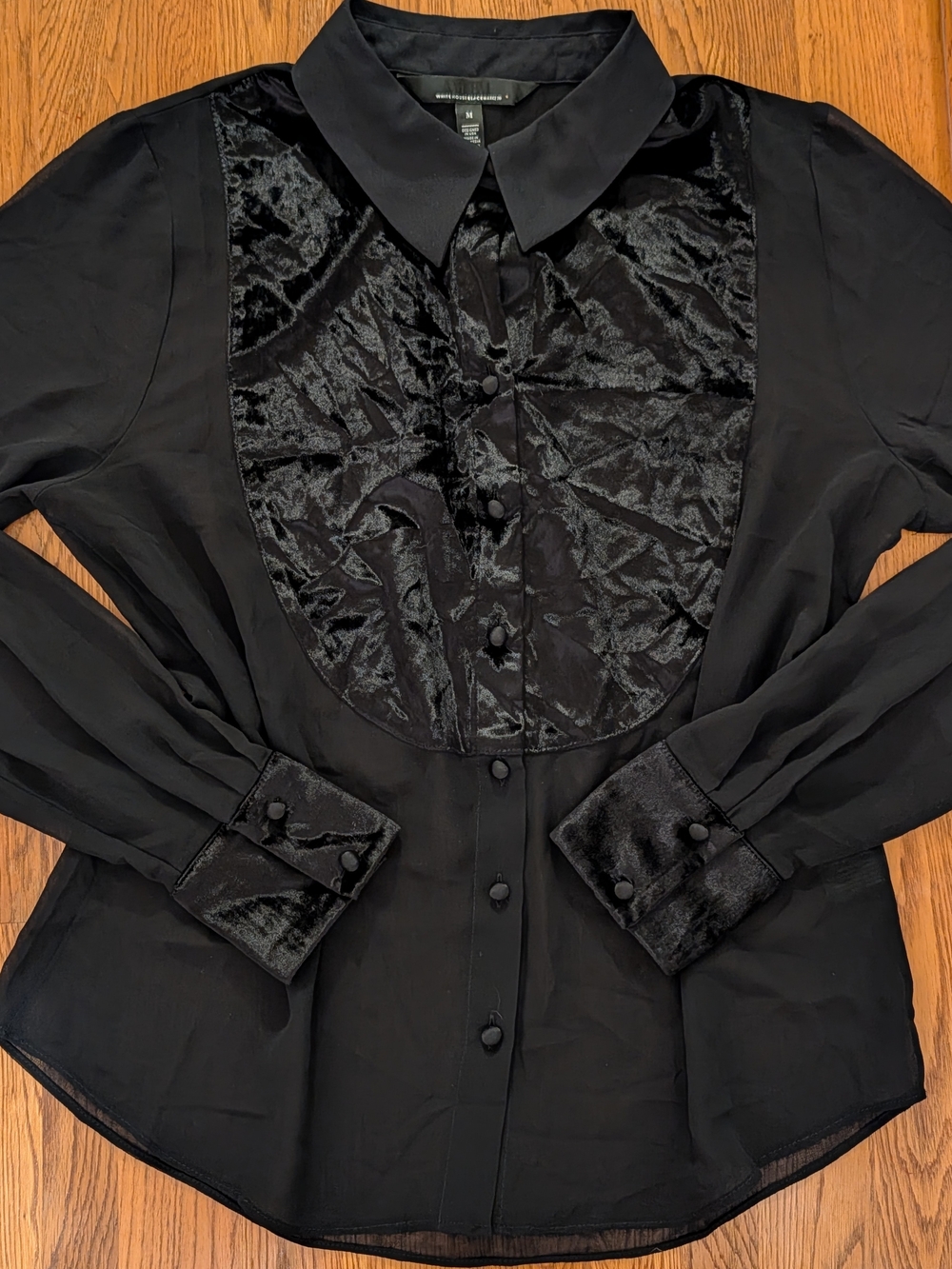 White House Black Market Sheer Black Long Sleeve Button Down Shirt Velvet Detail